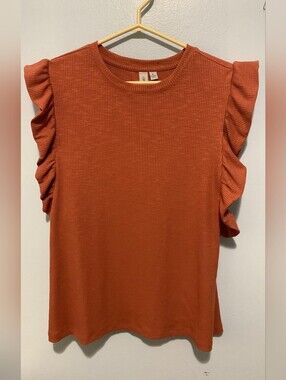 Ribbed Ruffle Sleeve Tank Top in Rust - Women